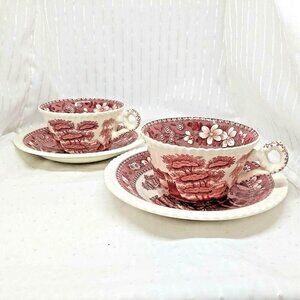 Spode Pink Tower Cup & Saucer Sets x 2  Copeland England Red Transferware VTG
